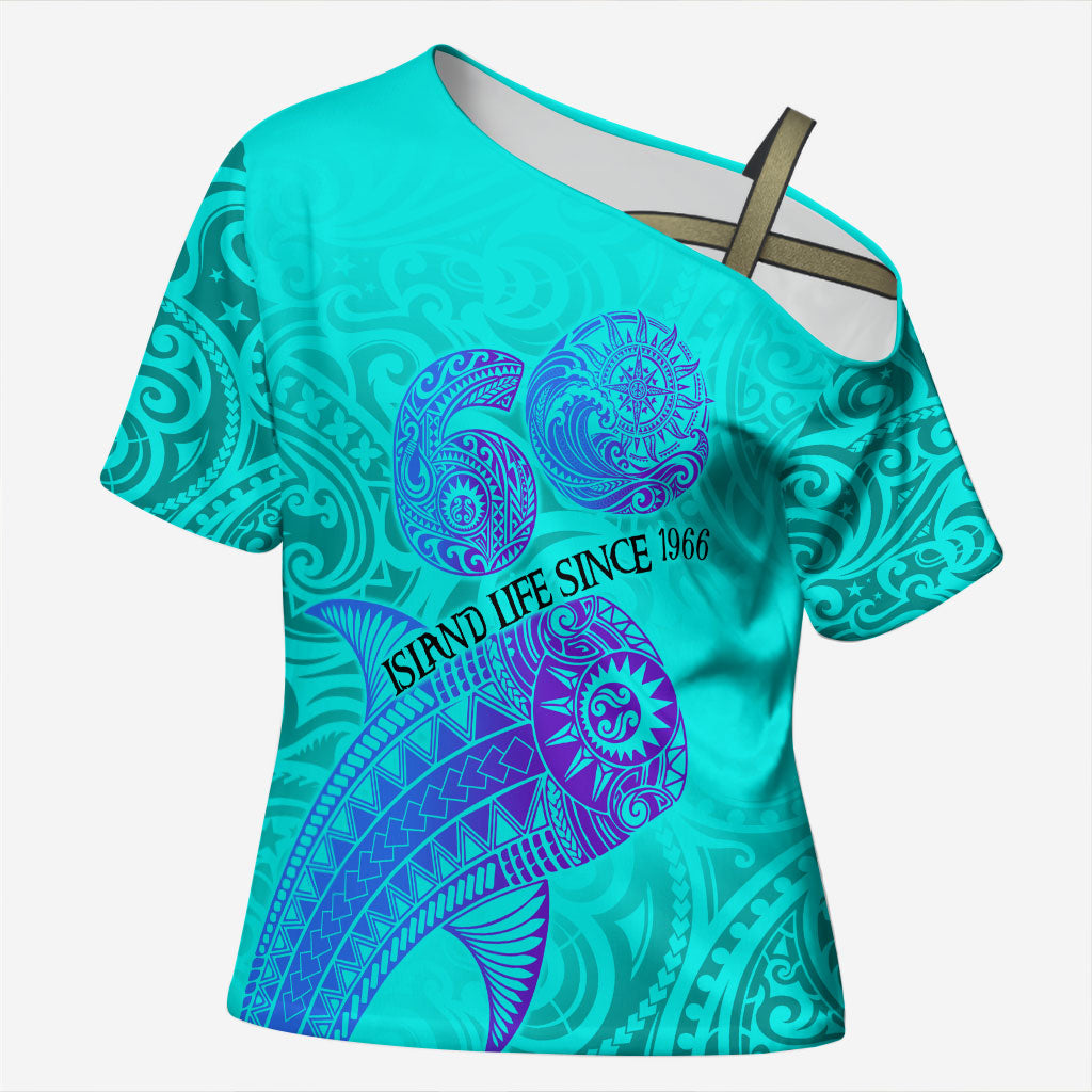 Personalized Polynesian 60th Birthday Island Life Since 1966 Cross Shoulder Shirt Vibrant Tribal Tattoo Ocean Sunset Pattern TS04 Female Blue Purple - Polynesian Pride
