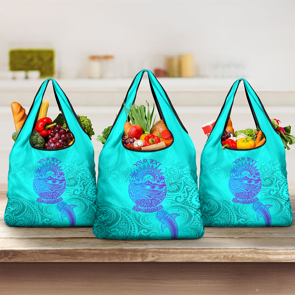 Personalized Polynesian 60th Birthday Island Life Since 1966 Grocery Bag Vibrant Tribal Tattoo Ocean Sunset Pattern TS04 3-pack One Size Blue Purple - Polynesian Pride