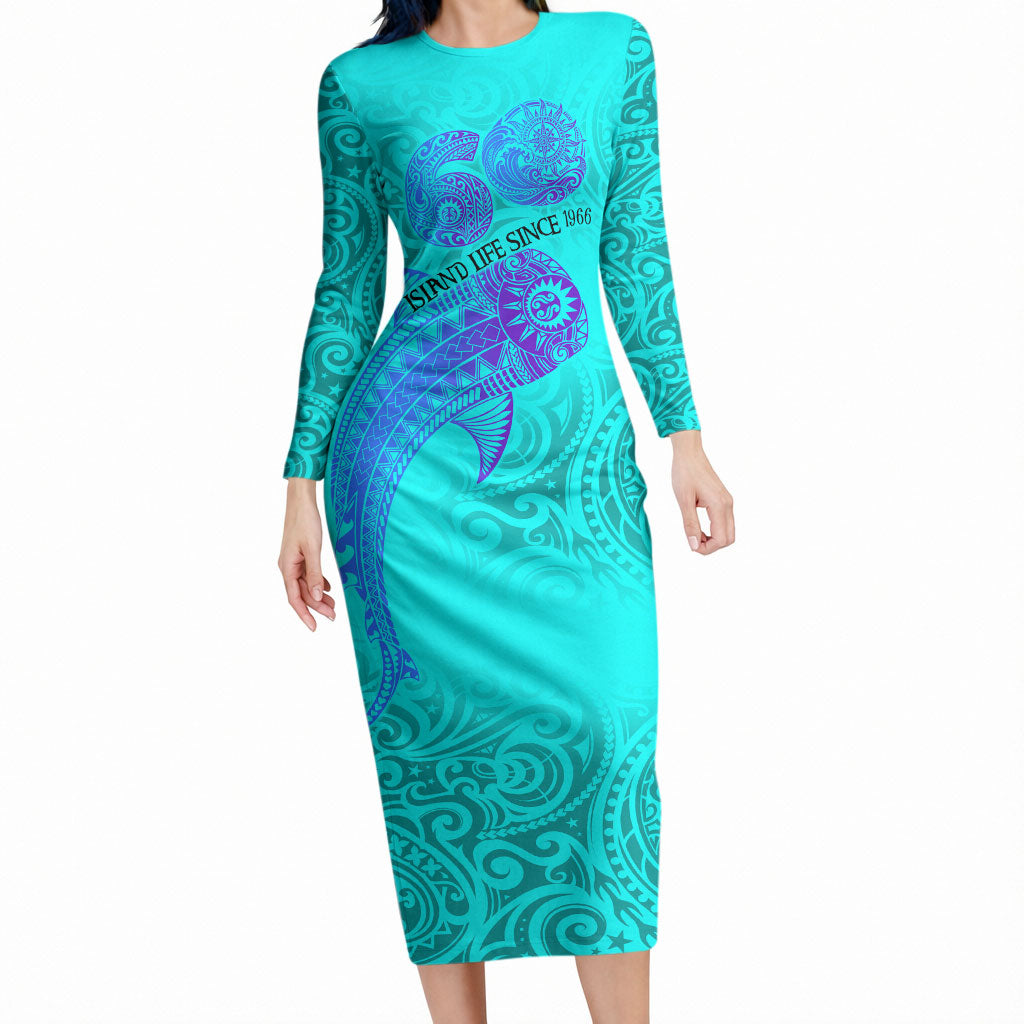 Personalized Polynesian 60th Birthday Island Life Since 1966 Long Sleeve Bodycon Dress Vibrant Tribal Tattoo Ocean Sunset Pattern TS04 Long Dress Blue Purple - Polynesian Pride