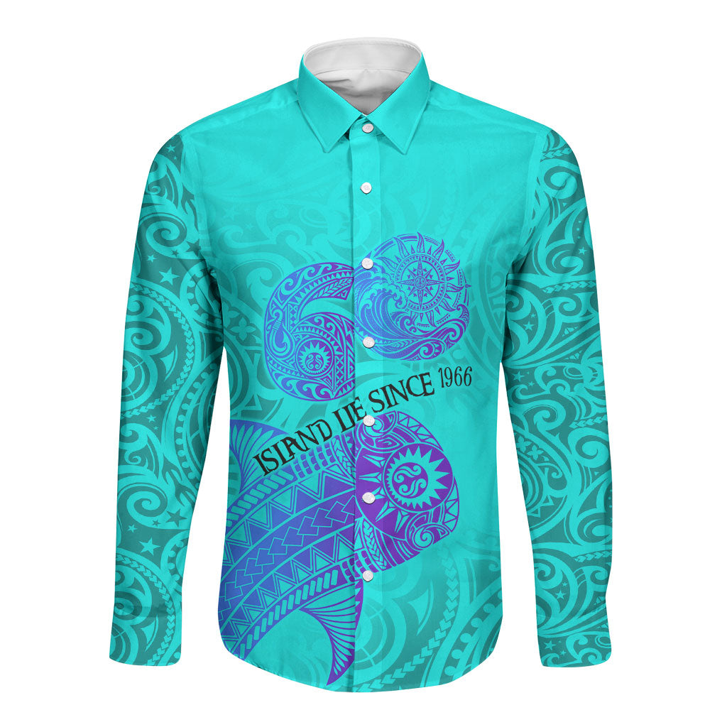 Personalized Polynesian 60th Birthday Island Life Since 1966 Long Sleeve Button Shirt Vibrant Tribal Tattoo Ocean Sunset Pattern TS04 Unisex Blue Purple - Polynesian Pride