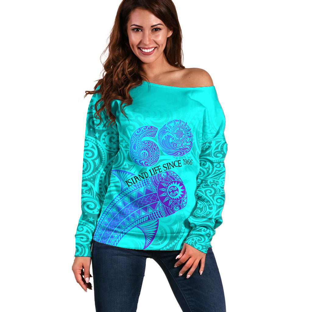 Personalized Polynesian 60th Birthday Island Life Since 1966 Off Shoulder Sweater Vibrant Tribal Tattoo Ocean Sunset Pattern TS04 Women Blue Purple - Polynesian Pride
