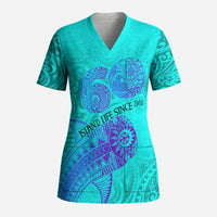 Personalized Polynesian 60th Birthday Island Life Since 1966 Scrub Top Vibrant Tribal Tattoo Ocean Sunset Pattern TS04 Adult Blue Purple - Polynesian Pride