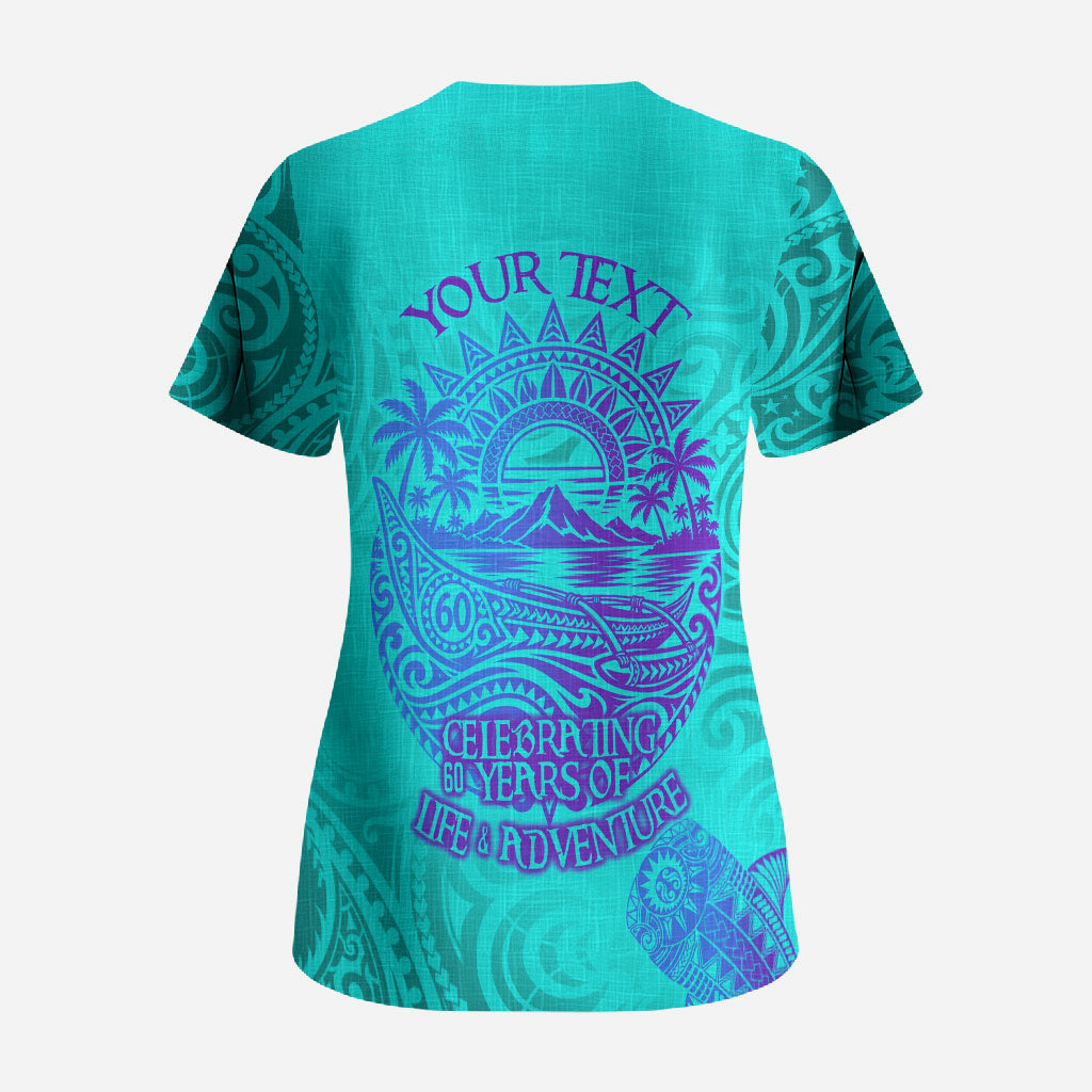 Personalized Polynesian 60th Birthday Island Life Since 1966 Scrub Top Vibrant Tribal Tattoo Ocean Sunset Pattern TS04 - Polynesian Pride