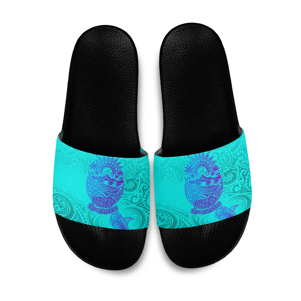 Personalized Polynesian 60th Birthday Island Life Since 1966 Slide Sandals Vibrant Tribal Tattoo Ocean Sunset Pattern TS04 Blue Purple - Polynesian Pride