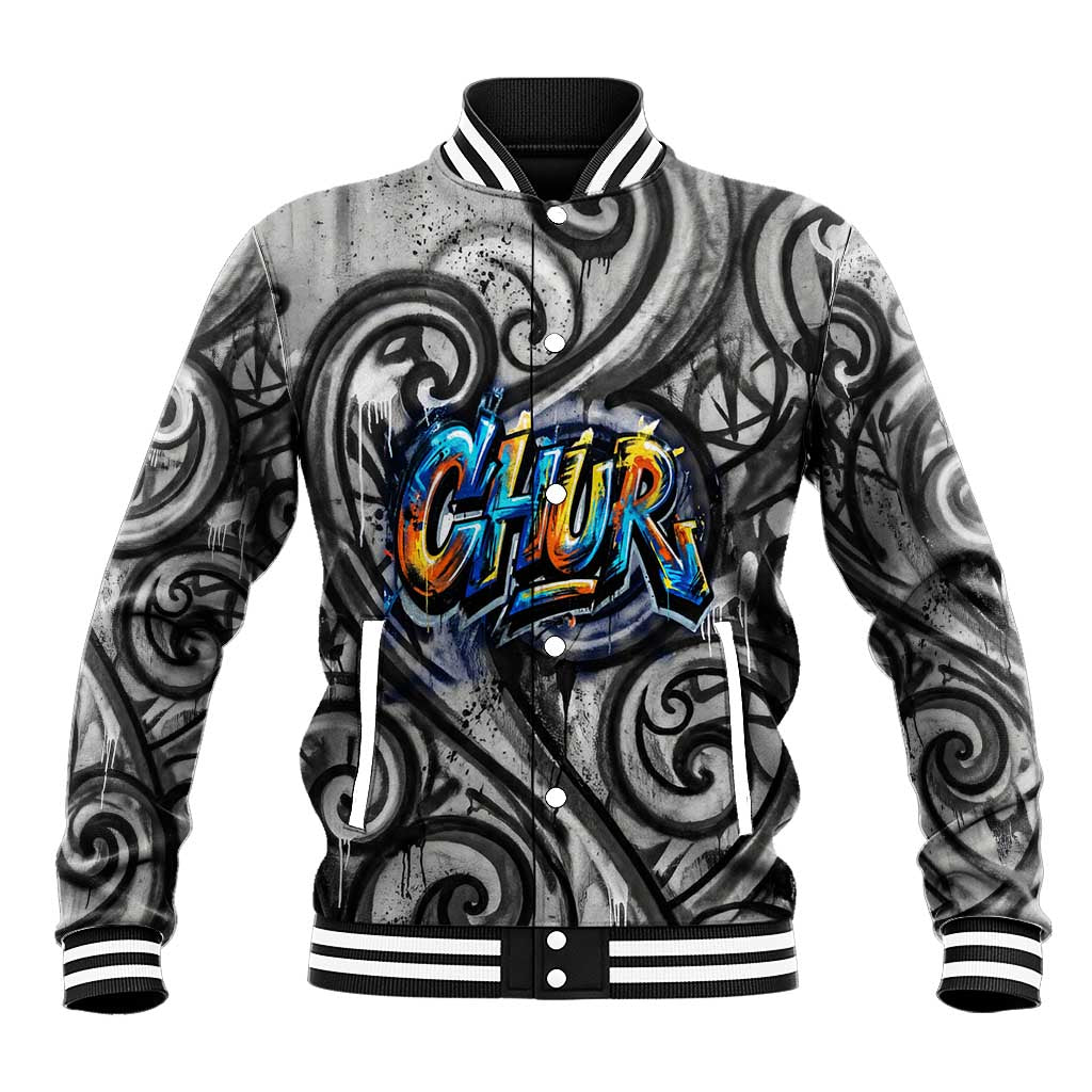 Chur Bro Shaka Sign Baseball Jacket New Zealand Koru Colorful Graffiti Splash