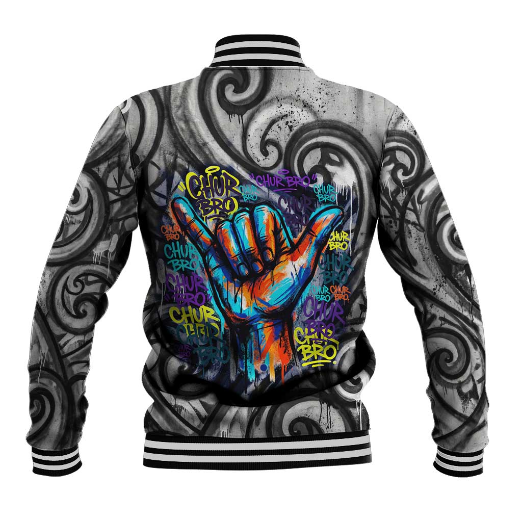 Chur Bro Shaka Sign Baseball Jacket New Zealand Koru Colorful Graffiti Splash