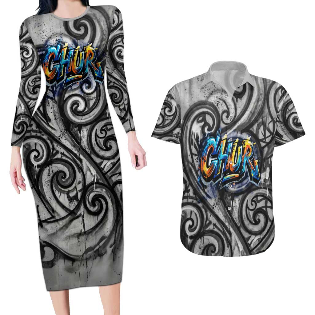 Chur Bro Shaka Sign Couples Matching Long Sleeve Bodycon Dress and Hawaiian Shirt New Zealand Koru Colorful Graffiti Splash TS04 Multicolor - Polynesian Pride