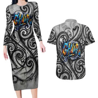 Chur Bro Shaka Sign Couples Matching Long Sleeve Bodycon Dress and Hawaiian Shirt New Zealand Koru Colorful Graffiti Splash TS04 Multicolor - Polynesian Pride