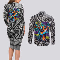 Chur Bro Shaka Sign Couples Matching Long Sleeve Bodycon Dress and Long Sleeve Button Shirt New Zealand Koru Colorful Graffiti Splash TS04 - Polynesian Pride