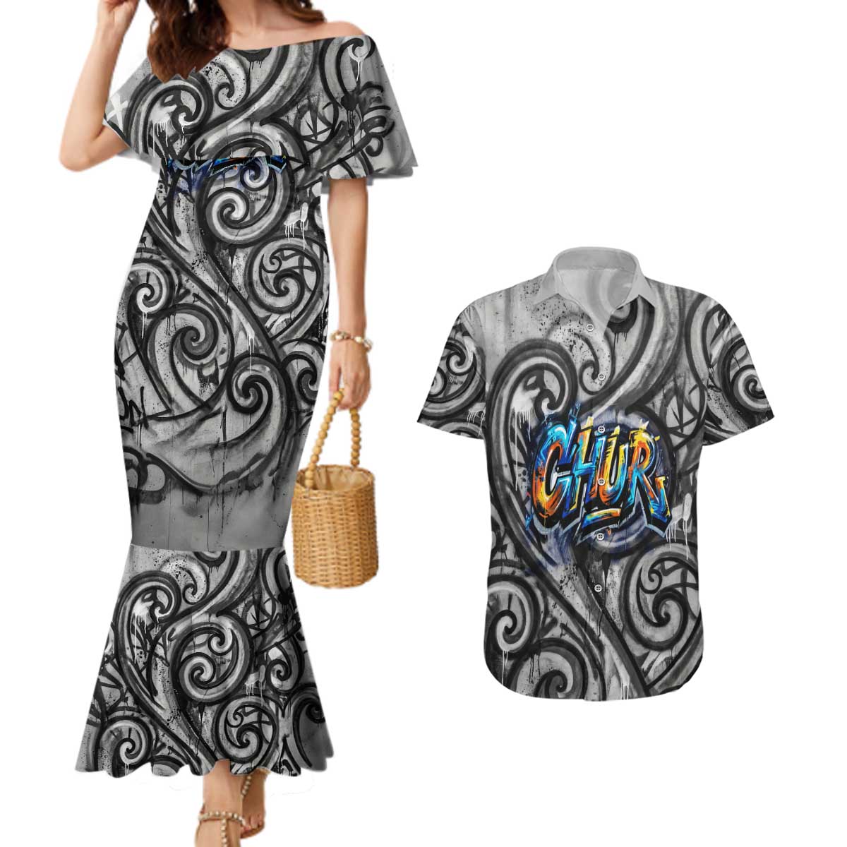 Chur Bro Shaka Sign Couples Matching Mermaid Dress and Hawaiian Shirt New Zealand Koru Colorful Graffiti Splash