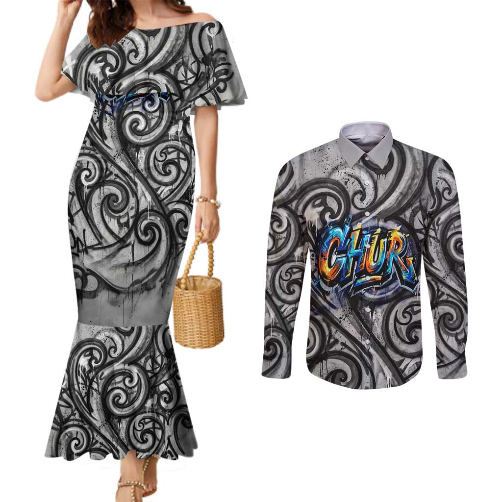 Chur Bro Shaka Sign Couples Matching Mermaid Dress and Long Sleeve Button Shirt New Zealand Koru Colorful Graffiti Splash TS04 Multicolor - Polynesian Pride