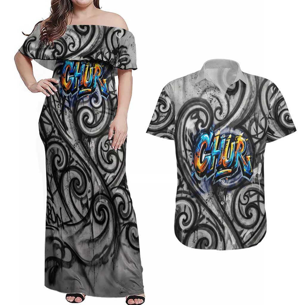 Chur Bro Shaka Sign Couples Matching Off Shoulder Maxi Dress and Hawaiian Shirt New Zealand Koru Colorful Graffiti Splash TS04 Multicolor - Polynesian Pride
