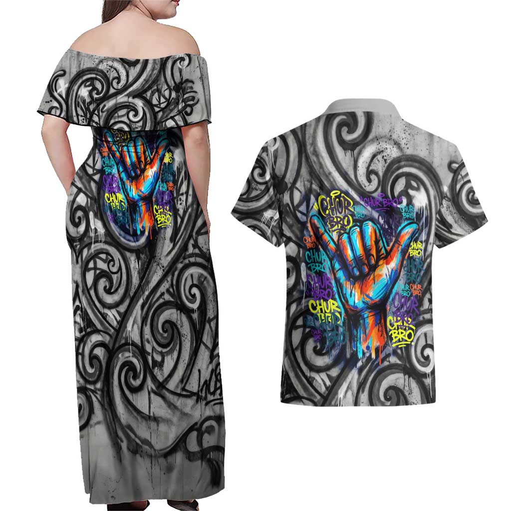 Chur Bro Shaka Sign Couples Matching Off Shoulder Maxi Dress and Hawaiian Shirt New Zealand Koru Colorful Graffiti Splash TS04 - Polynesian Pride