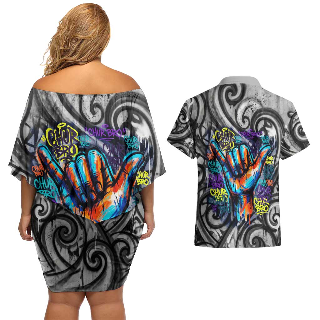 Chur Bro Shaka Sign Couples Matching Off Shoulder Short Dress and Hawaiian Shirt New Zealand Koru Colorful Graffiti Splash TS04 - Polynesian Pride