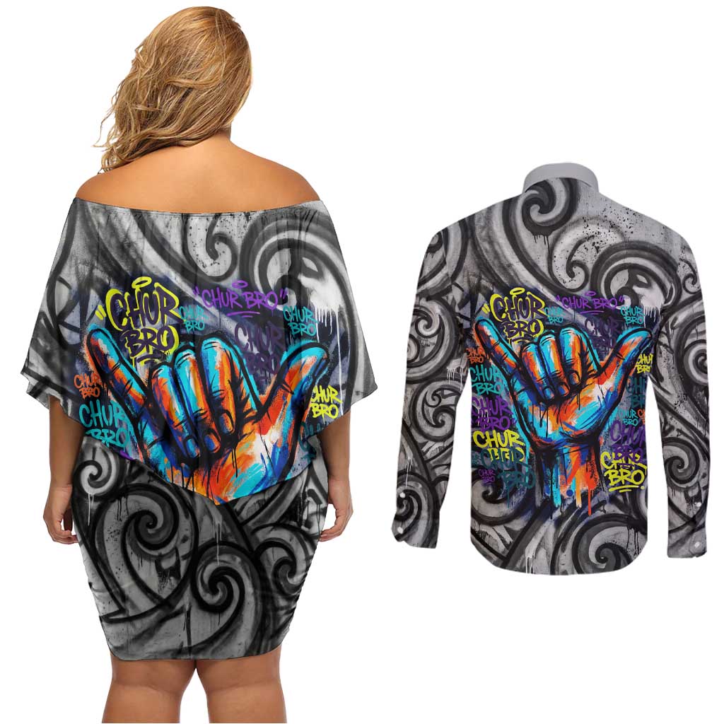 Chur Bro Shaka Sign Couples Matching Off Shoulder Short Dress and Long Sleeve Button Shirt New Zealand Koru Colorful Graffiti Splash