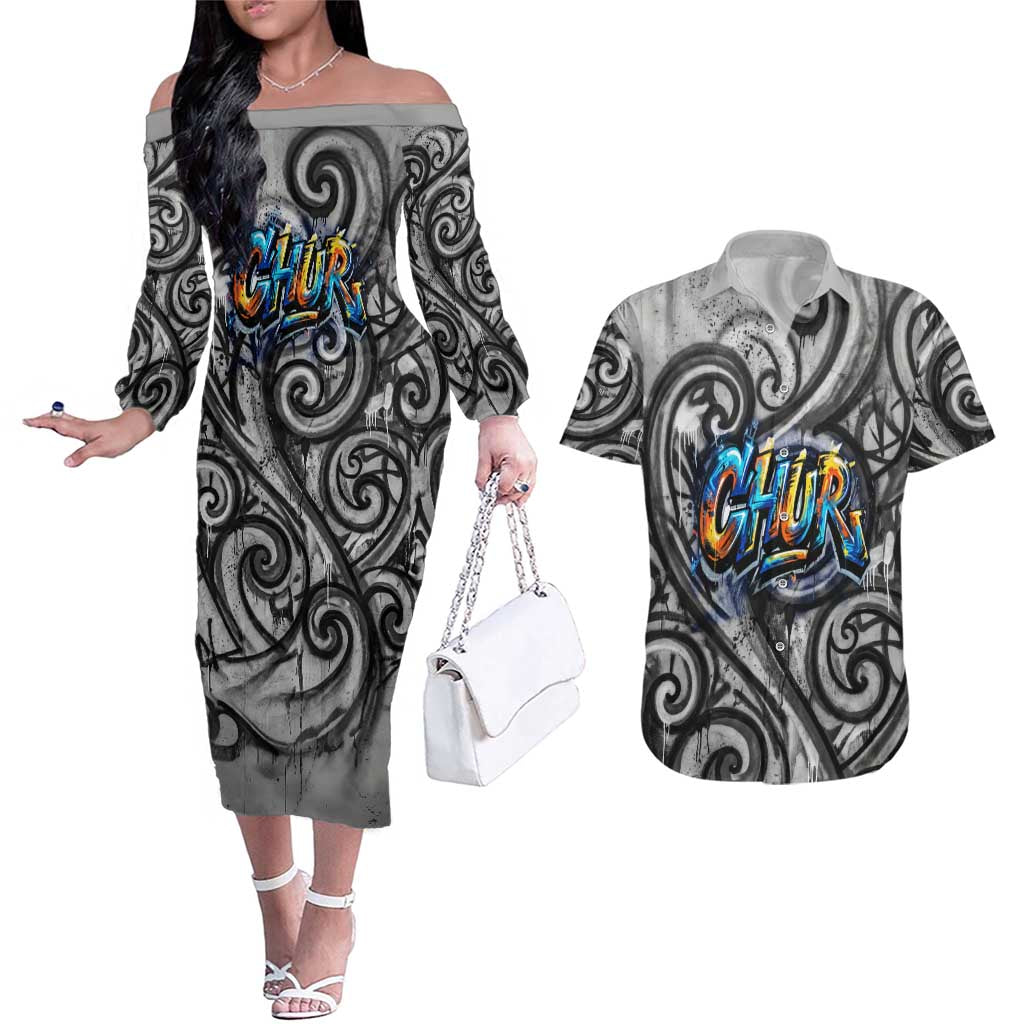 Chur Bro Shaka Sign Couples Matching Off The Shoulder Long Sleeve Dress and Hawaiian Shirt New Zealand Koru Colorful Graffiti Splash TS04 Multicolor - Polynesian Pride