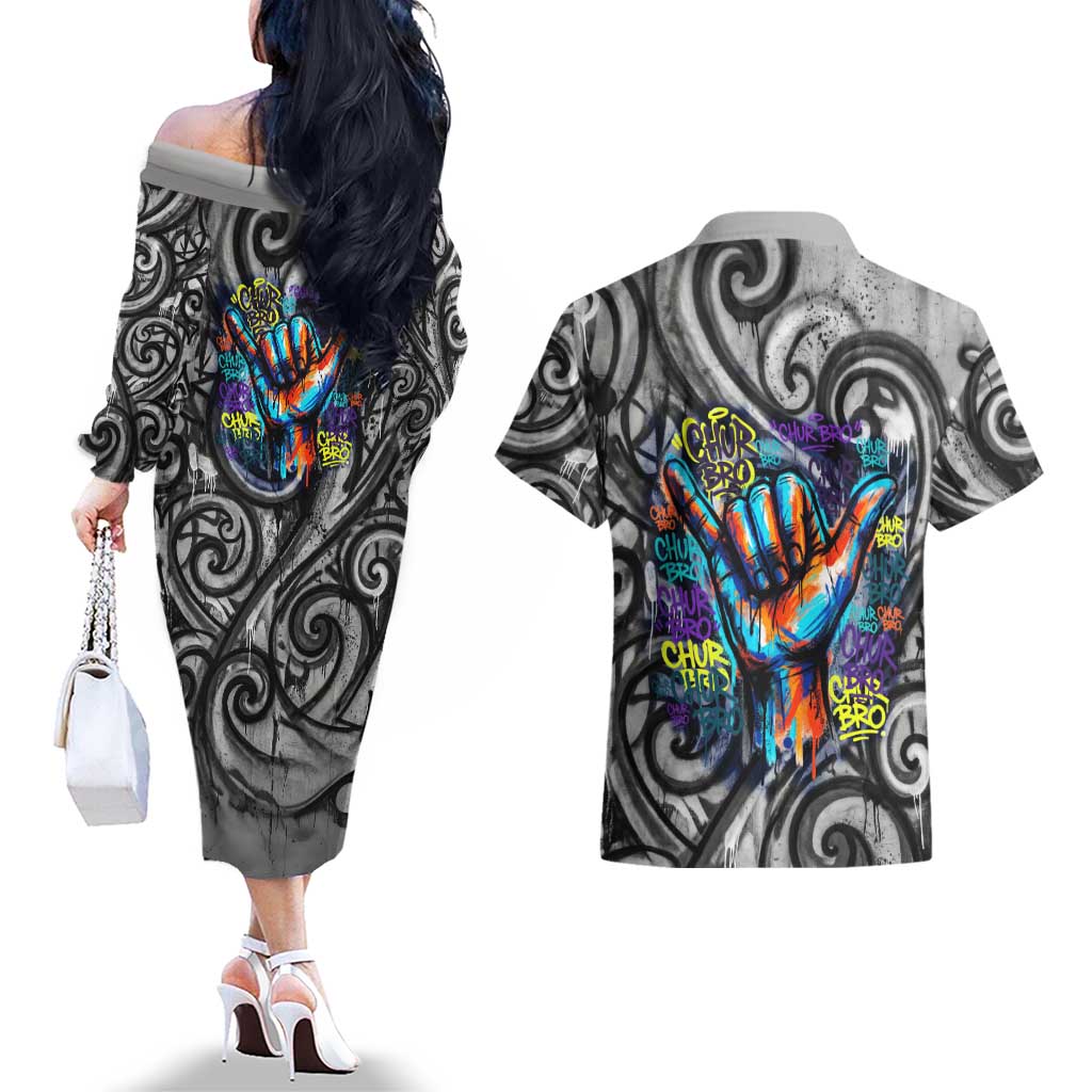 Chur Bro Shaka Sign Couples Matching Off The Shoulder Long Sleeve Dress and Hawaiian Shirt New Zealand Koru Colorful Graffiti Splash TS04 - Polynesian Pride