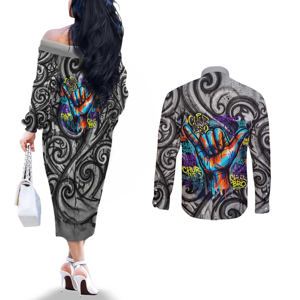 Chur Bro Shaka Sign Couples Matching Off The Shoulder Long Sleeve Dress and Long Sleeve Button Shirt New Zealand Koru Colorful Graffiti Splash TS04 - Polynesian Pride
