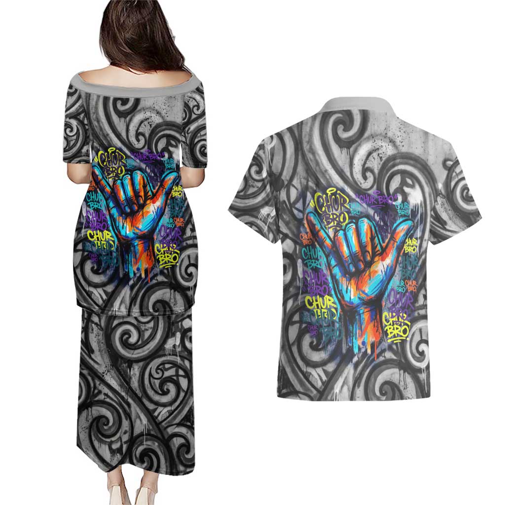 Chur Bro Shaka Sign Couples Matching Puletasi and Hawaiian Shirt New Zealand Koru Colorful Graffiti Splash