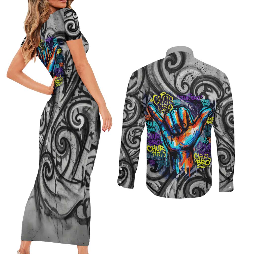 Chur Bro Shaka Sign Couples Matching Short Sleeve Bodycon Dress and Long Sleeve Button Shirt New Zealand Koru Colorful Graffiti Splash TS04 - Polynesian Pride