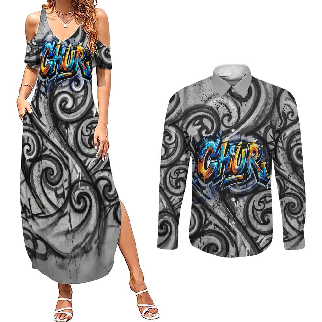 Chur Bro Shaka Sign Couples Matching Summer Maxi Dress and Long Sleeve Button Shirt New Zealand Koru Colorful Graffiti Splash