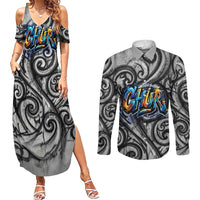 Chur Bro Shaka Sign Couples Matching Summer Maxi Dress and Long Sleeve Button Shirt New Zealand Koru Colorful Graffiti Splash