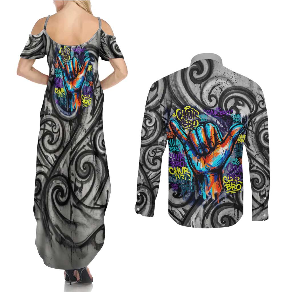Chur Bro Shaka Sign Couples Matching Summer Maxi Dress and Long Sleeve Button Shirt New Zealand Koru Colorful Graffiti Splash