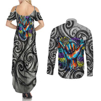Chur Bro Shaka Sign Couples Matching Summer Maxi Dress and Long Sleeve Button Shirt New Zealand Koru Colorful Graffiti Splash
