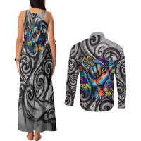 Chur Bro Shaka Sign Couples Matching Tank Maxi Dress and Long Sleeve Button Shirt New Zealand Koru Colorful Graffiti Splash TS04 - Polynesian Pride