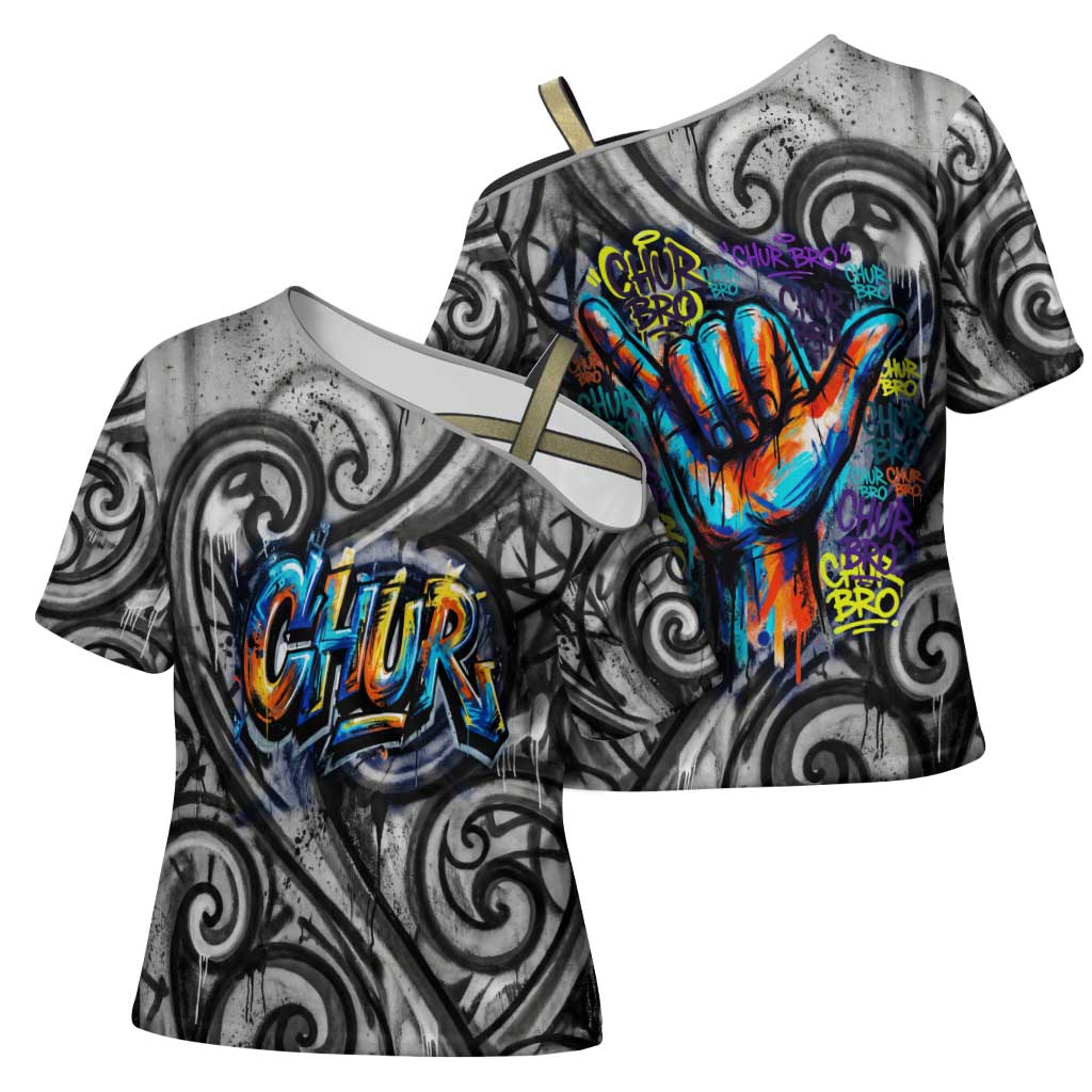 Chur Bro Shaka Sign Cross Shoulder Shirt New Zealand Koru Colorful Graffiti Splash