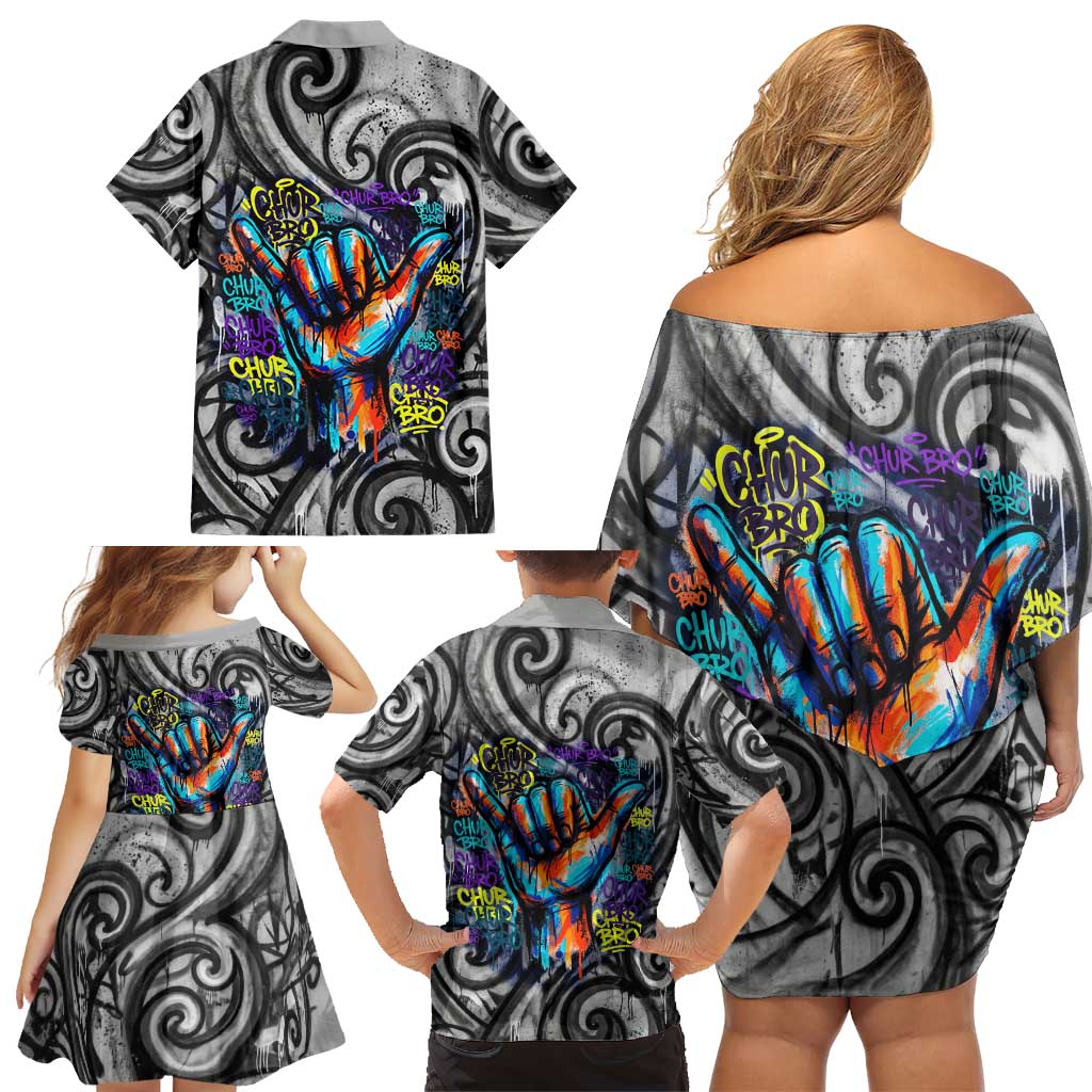 Chur Bro Shaka Sign Family Matching Off Shoulder Short Dress and Hawaiian Shirt New Zealand Koru Colorful Graffiti Splash TS04 - Polynesian Pride