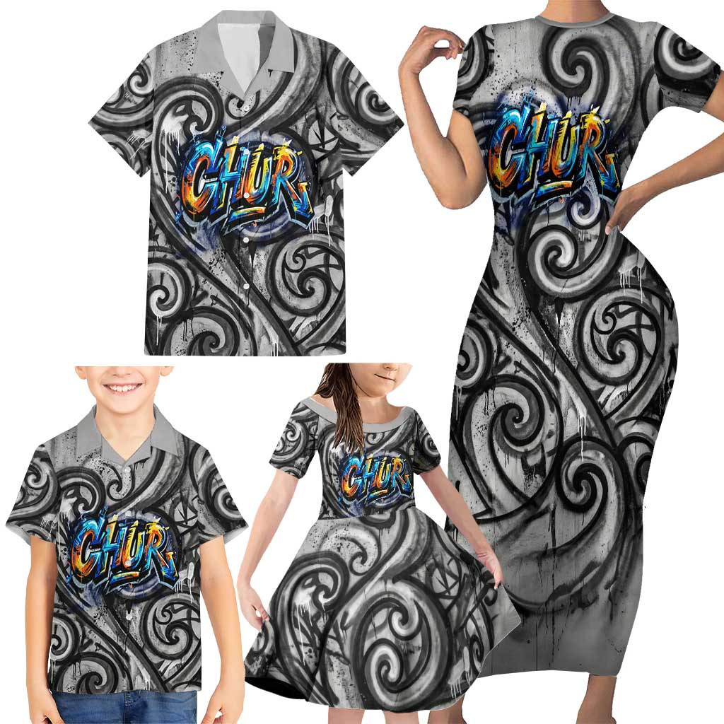Chur Bro Shaka Sign Family Matching Short Sleeve Bodycon Dress and Hawaiian Shirt New Zealand Koru Colorful Graffiti Splash