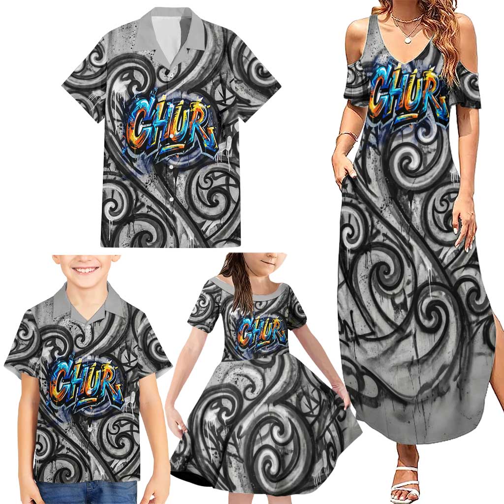 Chur Bro Shaka Sign Family Matching Summer Maxi Dress and Hawaiian Shirt New Zealand Koru Colorful Graffiti Splash