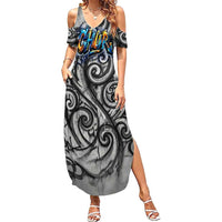 Chur Bro Shaka Sign Family Matching Summer Maxi Dress and Hawaiian Shirt New Zealand Koru Colorful Graffiti Splash TS04 Mom's Dress Multicolor - Polynesian Pride