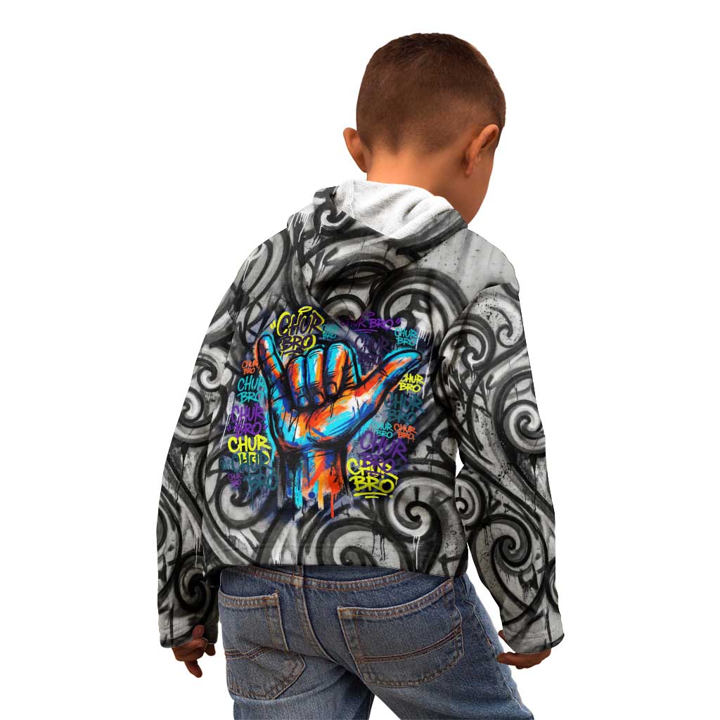 Chur Bro Shaka Sign Kid Hoodie New Zealand Koru Colorful Graffiti Splash