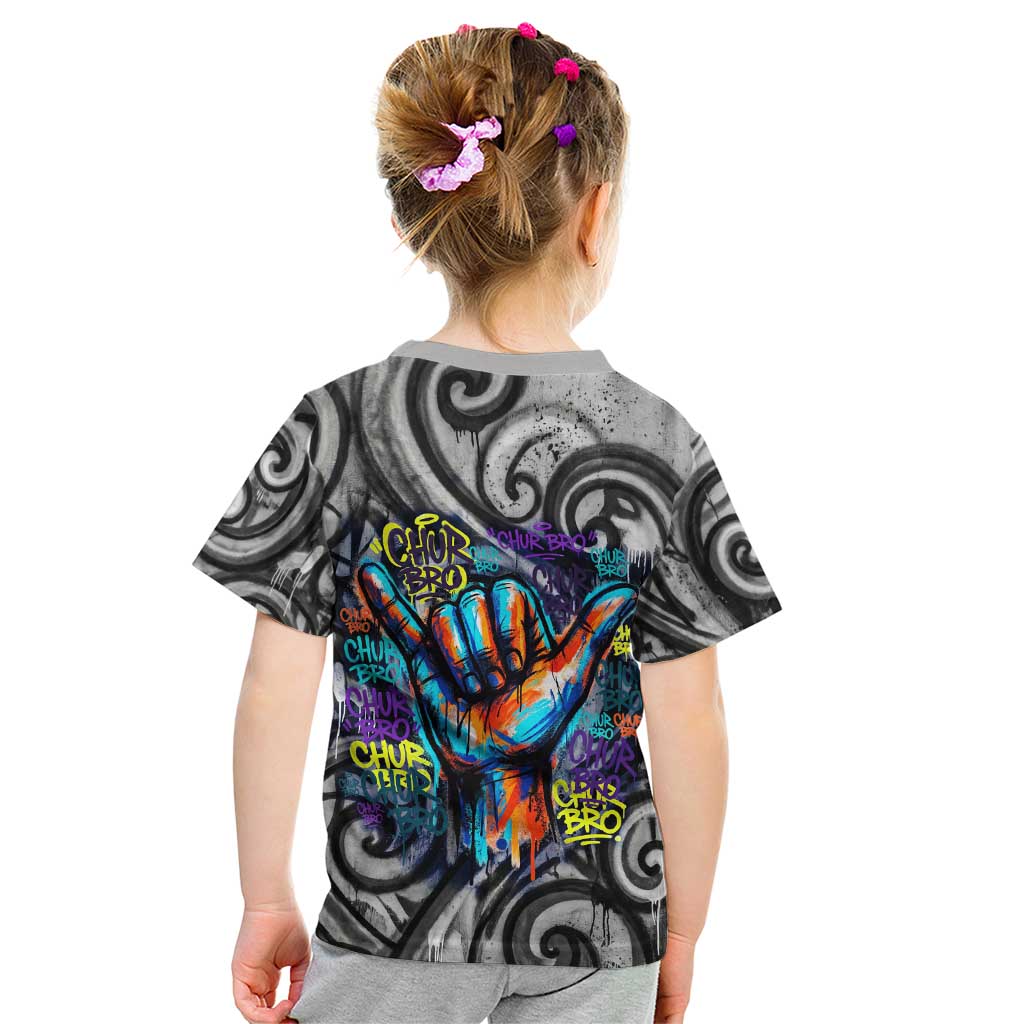 Chur Bro Shaka Sign Kid T Shirt New Zealand Koru Colorful Graffiti Splash