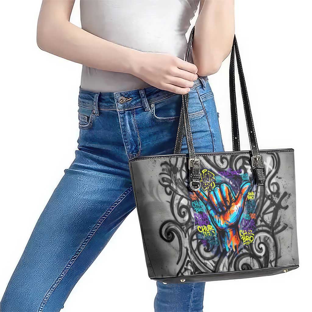 Chur Bro Shaka Sign Leather Tote Bag New Zealand Koru Colorful Graffiti Splash