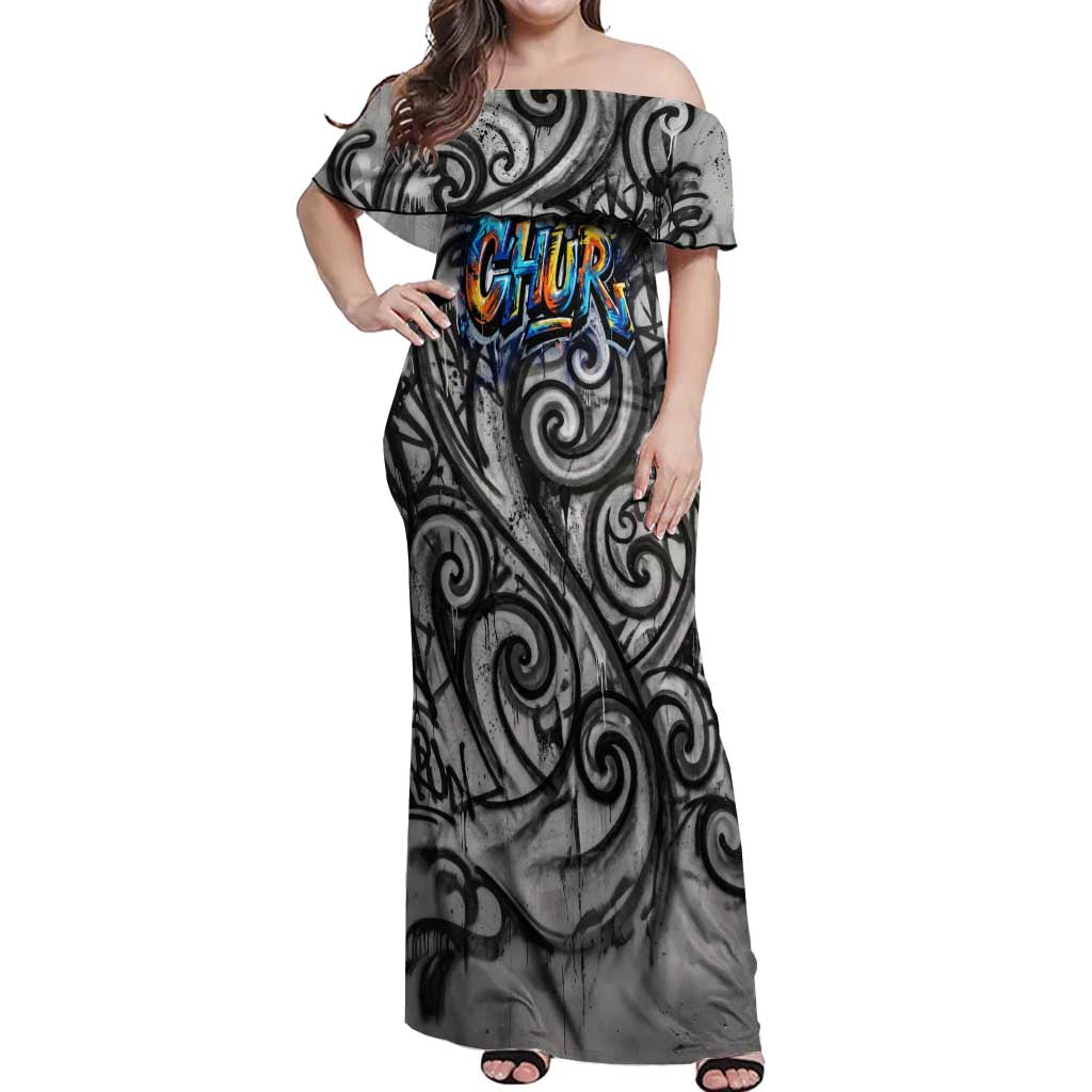 Chur Bro Shaka Sign Off Shoulder Maxi Dress New Zealand Koru Colorful Graffiti Splash