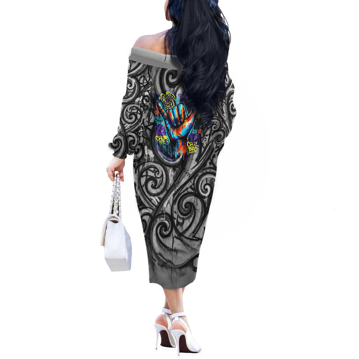 Chur Bro Shaka Sign Off The Shoulder Long Sleeve Dress New Zealand Koru Colorful Graffiti Splash