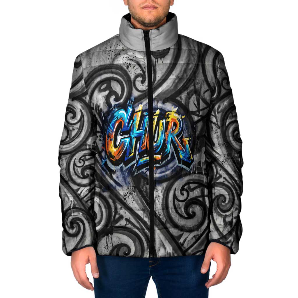 Chur Bro Shaka Sign Padded Jacket New Zealand Koru Colorful Graffiti Splash