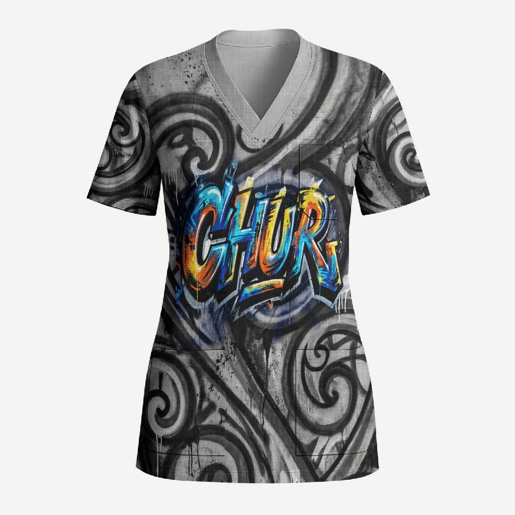 Chur Bro Shaka Sign Scrub Top New Zealand Koru Colorful Graffiti Splash