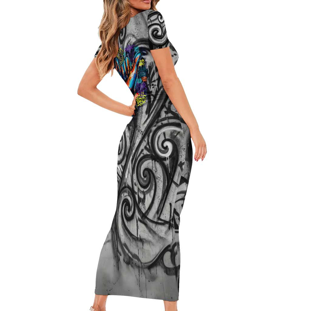 Chur Bro Shaka Sign Short Sleeve Bodycon Dress New Zealand Koru Colorful Graffiti Splash