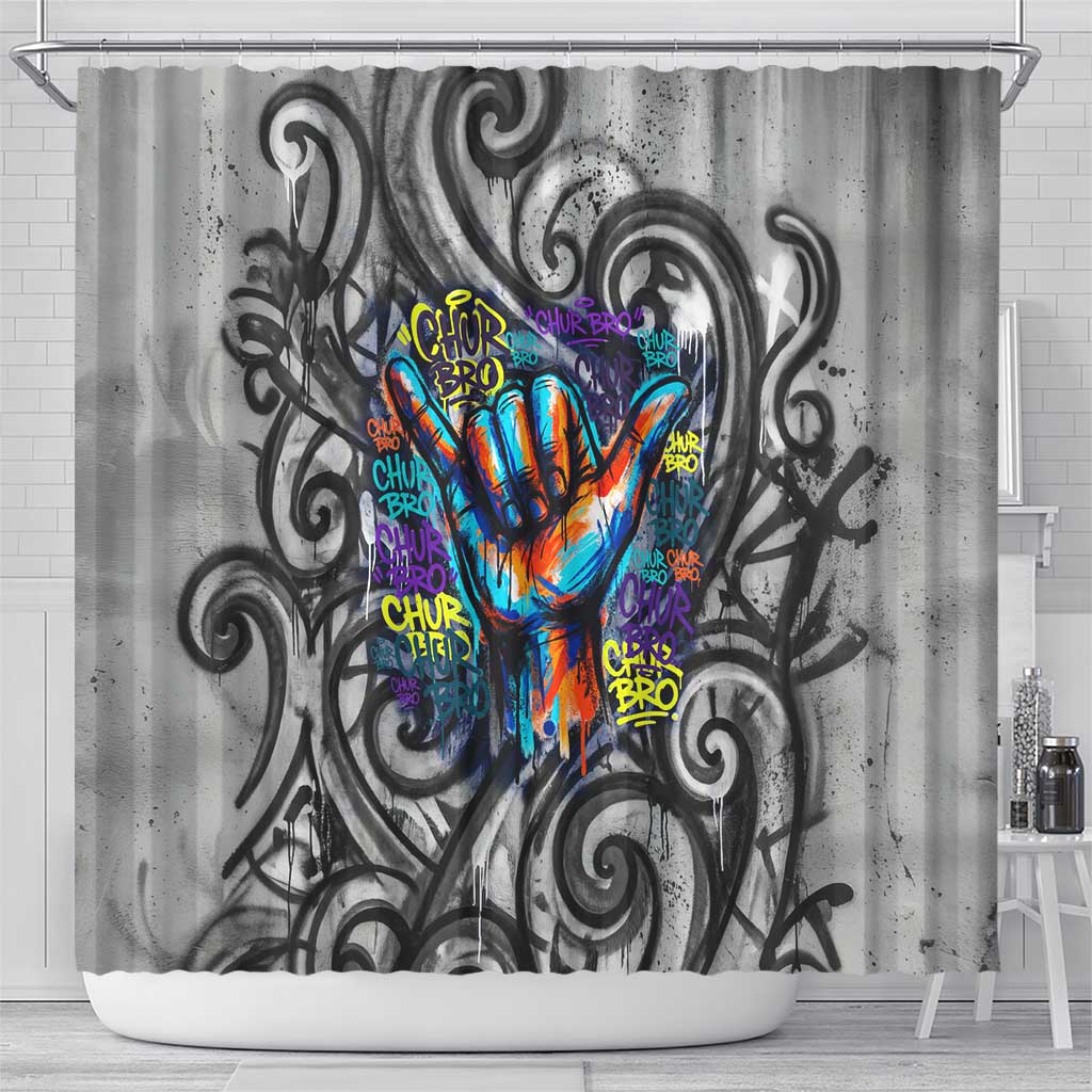 Chur Bro Shaka Sign Shower Curtain New Zealand Koru Colorful Graffiti Splash