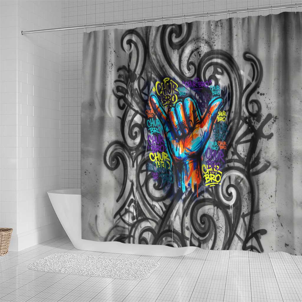 Chur Bro Shaka Sign Shower Curtain New Zealand Koru Colorful Graffiti Splash