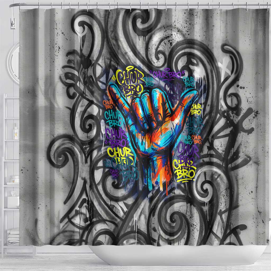 Chur Bro Shaka Sign Shower Curtain New Zealand Koru Colorful Graffiti Splash