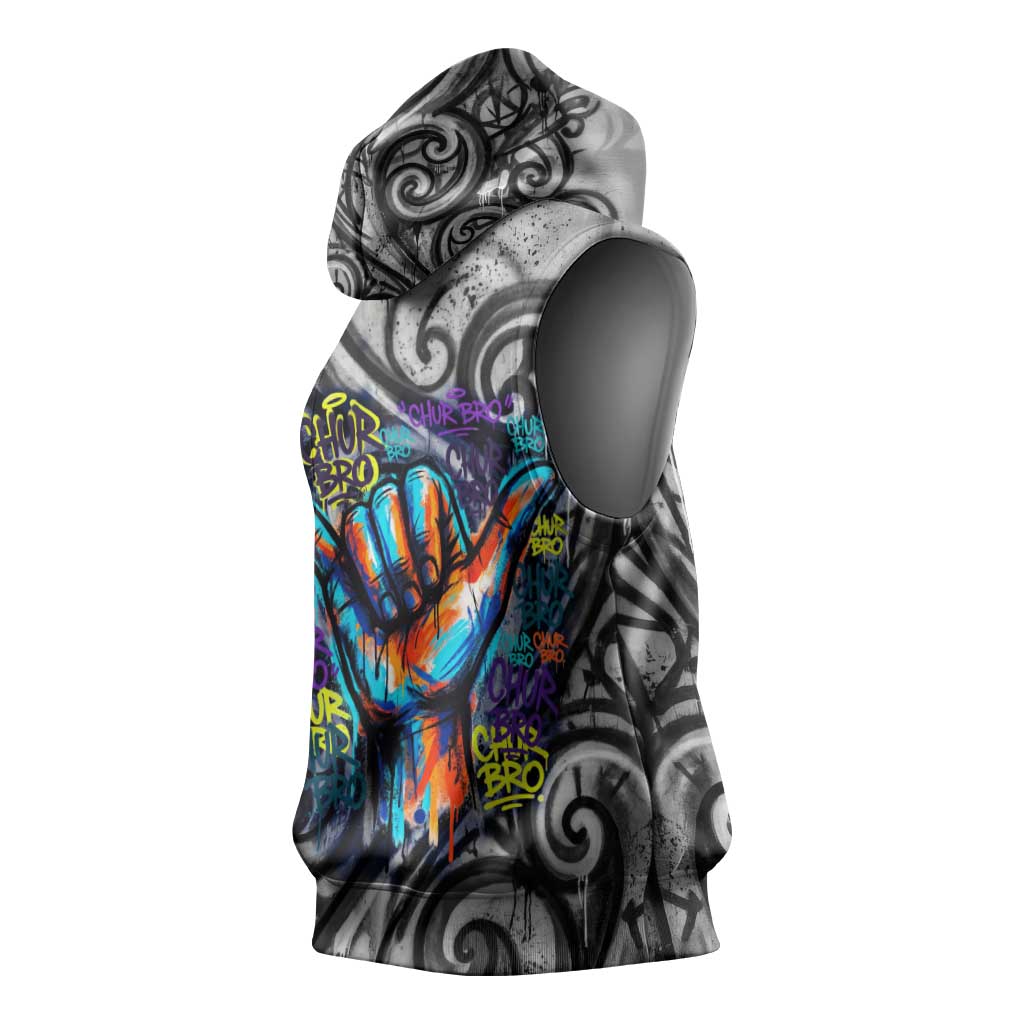 Chur Bro Shaka Sign Sleeveless Hoodie New Zealand Koru Colorful Graffiti Splash
