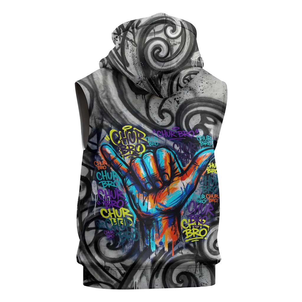 Chur Bro Shaka Sign Sleeveless Zip Hoodie New Zealand Koru Colorful Graffiti Splash
