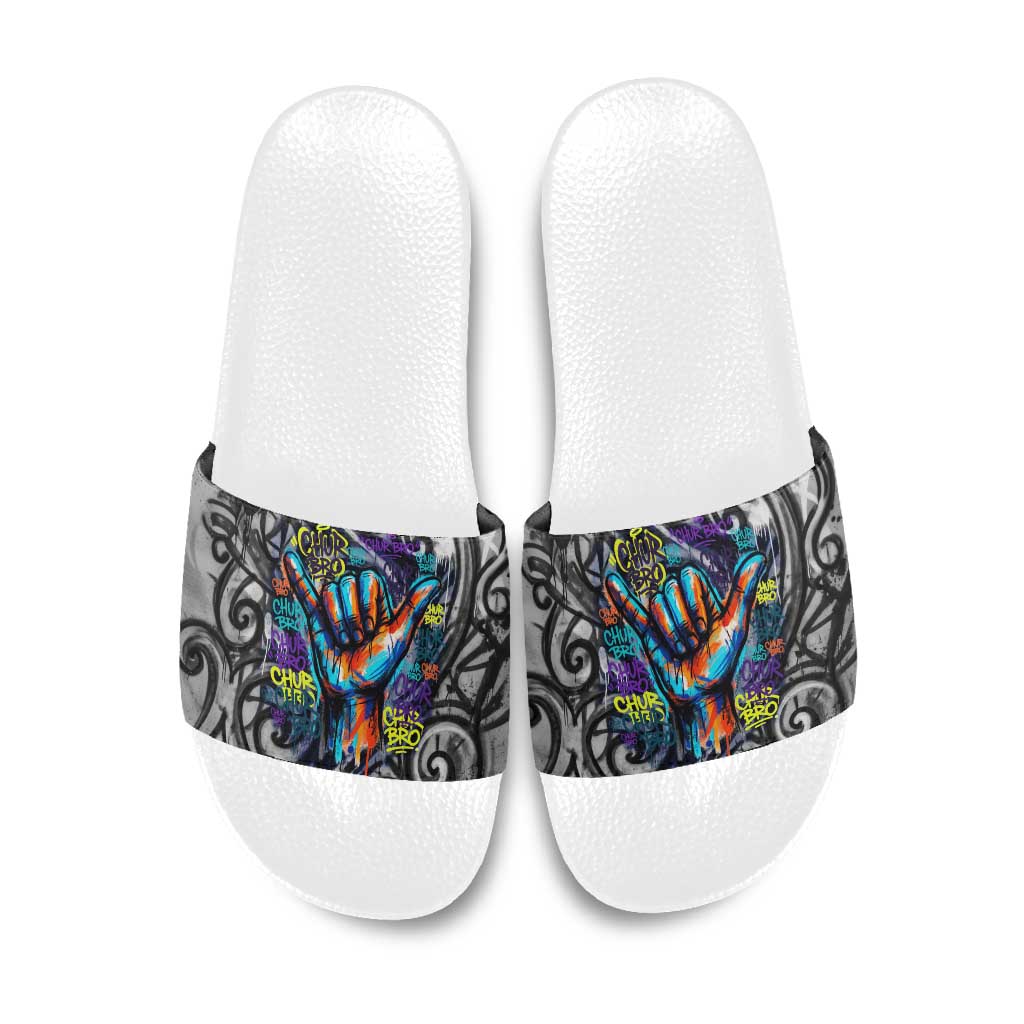 Chur Bro Shaka Sign Slide Sandals New Zealand Koru Colorful Graffiti Splash