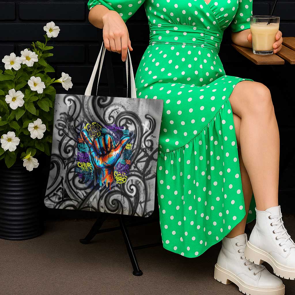 Chur Bro Shaka Sign Tote Bag New Zealand Koru Colorful Graffiti Splash