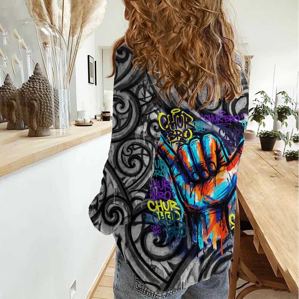 Chur Bro Shaka Sign Women Casual Shirt New Zealand Koru Colorful Graffiti Splash